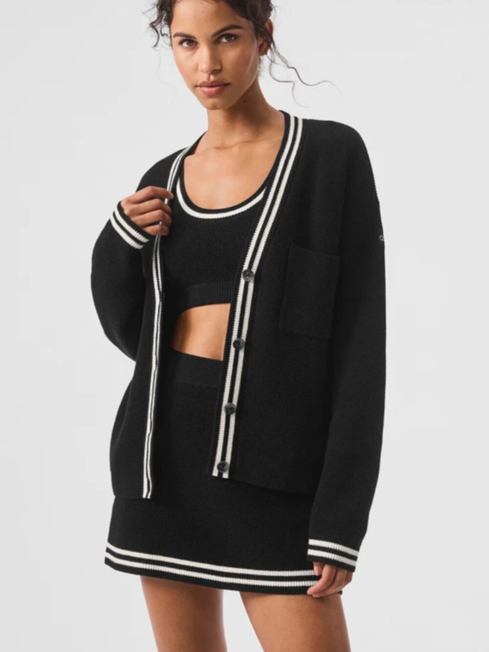 ALO Tennis Club Sweater Knit Cardigan, Black/Ivory, size XS